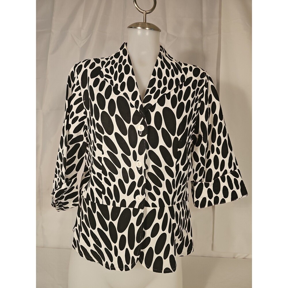 David N Women's Black White Polka Dot Linen Blend Peplum Blazer Jacket Size M